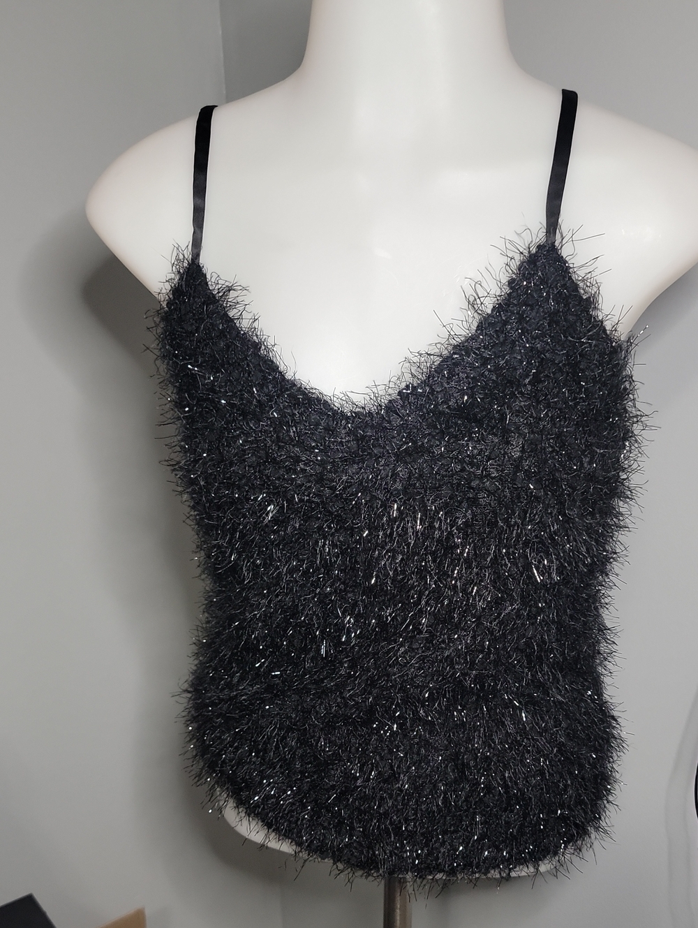 Ember Black Fuzzy Shimmer Camisole Top Size M